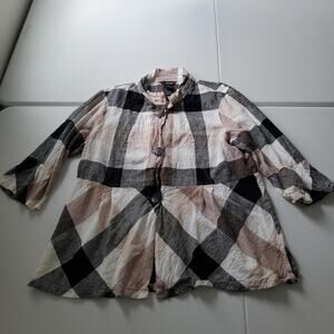 Ali Miles Tunic Blouse Womens XL Multicolor Linen Plaid Button 3/4 Sleeve Top